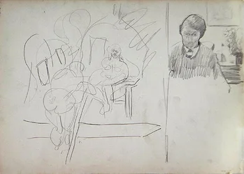 Study of Tree House with Primitive People, and Figure in a Room, for the Cave of the Golden Calf